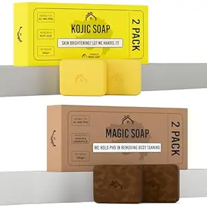 Saffron & Sandalwood Magic Soaps & Kojic Acid 2% Soap with Niacinamide | For Reduces Dark Spot, Sun damage, Tan Removel & Body Whitening | Suitable for All Skin Types | Soaps for Men & Women (100gm x Pack of 4)