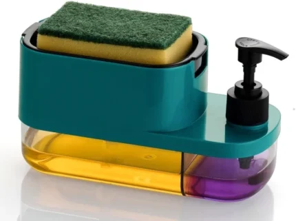 SWAPKART ABS 3 in 1 Soap Pump Dispenser Dish Soap Liquid Dispenser Sponge Holder Dish Soap Pump Dispenser for Kitchen Sink Countertop Bathroom Outdoor Garden(Peacock Colour), Multicolor